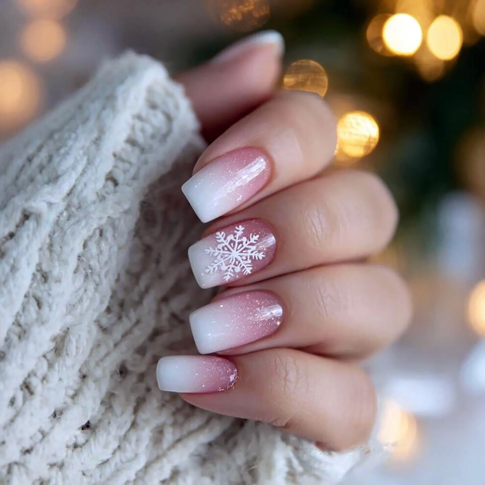 24Pcs Christmas Press On Nails Blue Pink Square Glitter Snowflake Design Reusable Fake Nails