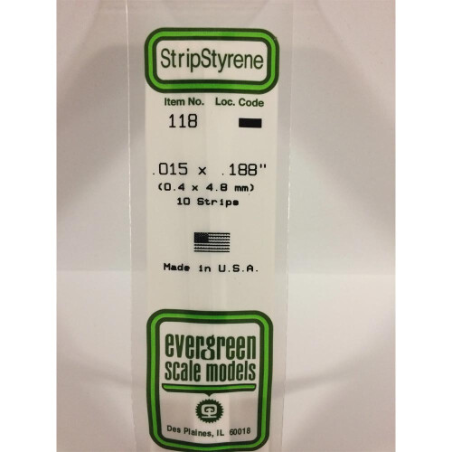 Evergreen Evergreen 118 - 0.015" x 0.188" Polystyrene Strips 14"/35cm 10pcs