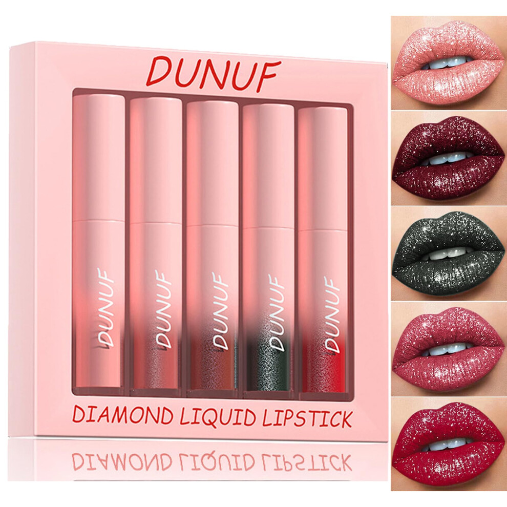 Glitter Lipstick Set 5 Colors with LongLasting Metallic Shine Waterproof Diamond Shimmer