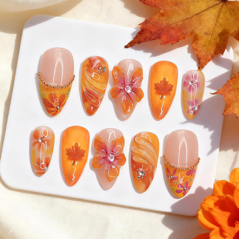 30Pcs Fall Press on Nails Medium Almond French Tip Fake Nails with 3D Flower and Maple Leaf