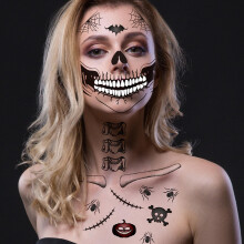 Halloween Face Stickers 4Pack, Realistic Scary Mouth Temporary Tattoos for Adults, Large Skull Design