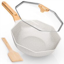 12.5 Inch Ceramic Nonstick Induction Wok with Glass Lid, Octagonal DieCast Stir Fry Pan Cream White