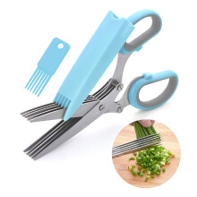 Herb Scissors 5Blade Kitchen Herb Shears with Safety Cover for Chopping Basil Chives Parsley Blue