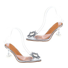 Party-Hochzeits-Braut-Sandalen mit hohem Absatz, Kristallverzierung, Slingback-Verschluss, spitzer Zehenpartie und dreieckigem Absatz – modisch und