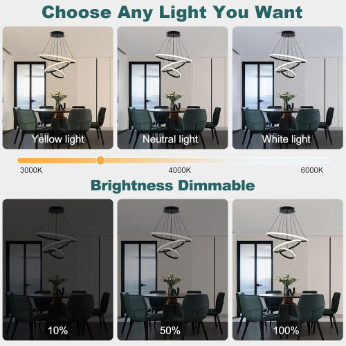 Modern LED Chandelier 3 Ring Dimmable Pendant Light with App and Remote Control Adjustable Color 2