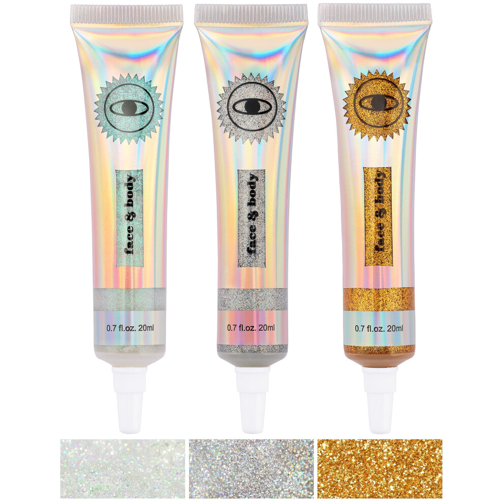 White,Silver,Gold Glitter Gel With Holographic Shine For Face Hair Body And Nails, Longlasting Quickdry, White Silver Gold