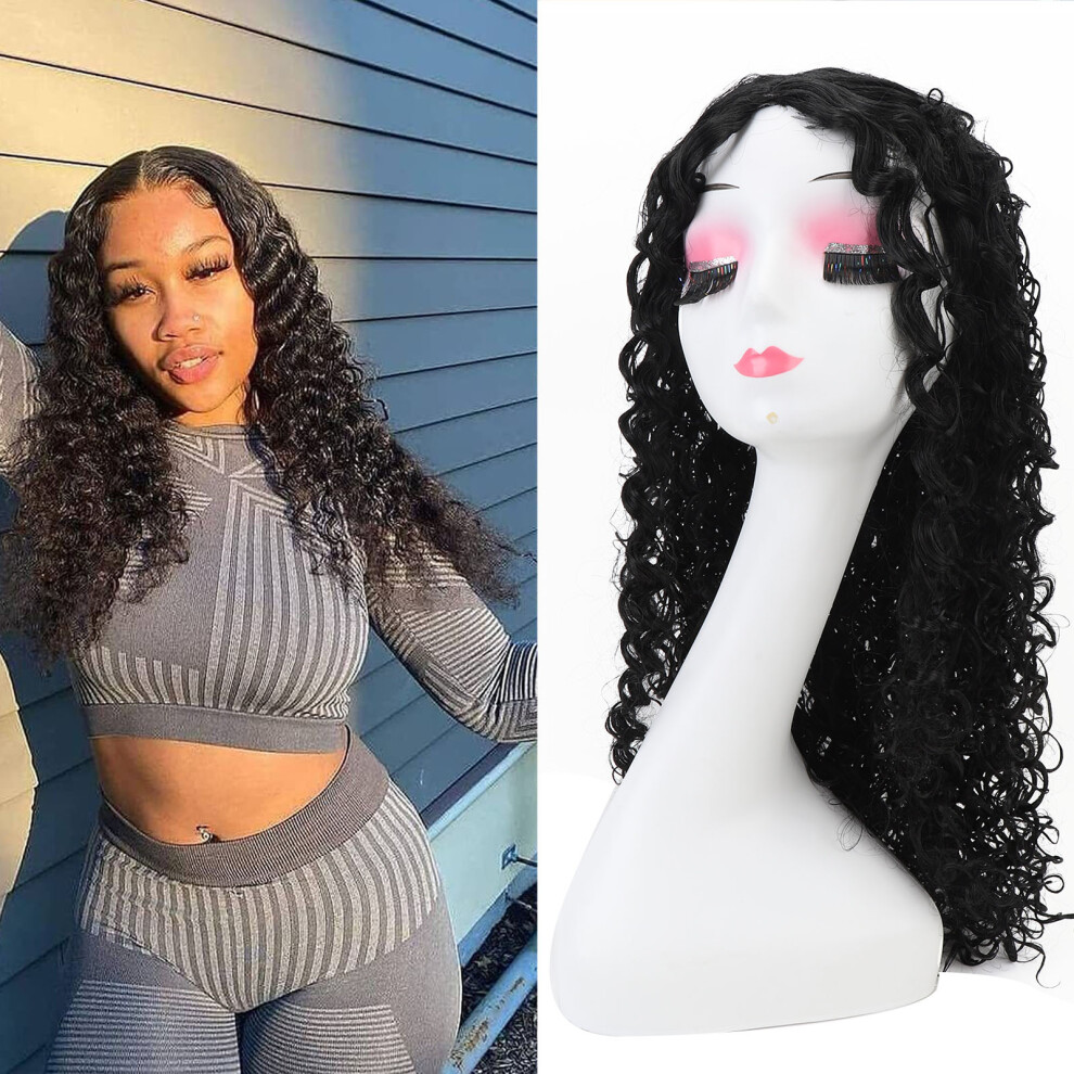 Deep Wave Lace Front Wig 28" High Density Synthetic Deep Curly Black for Women