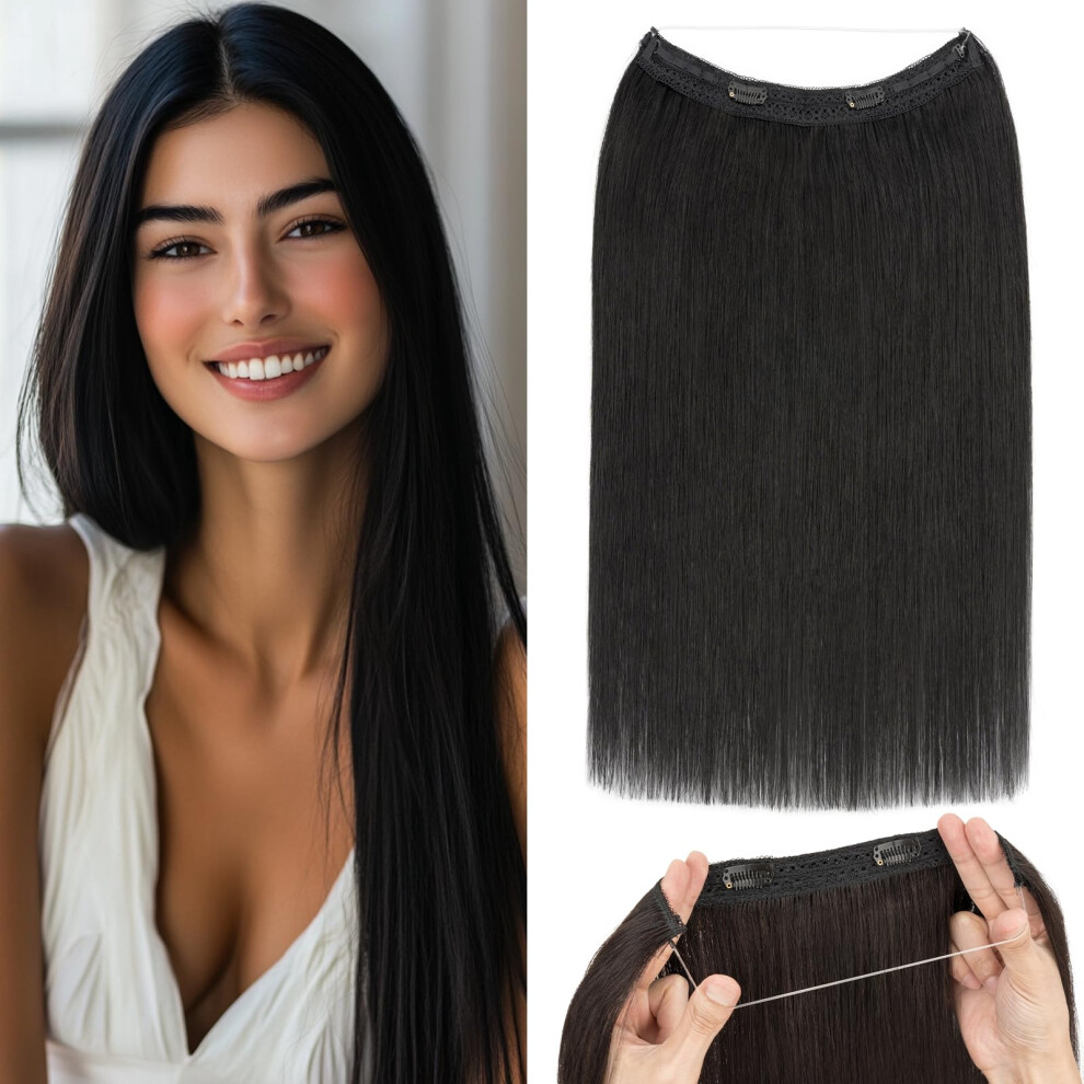 Unisex Black Halo Hair Extensions Remy Human Hair With Adjustable Wire For Seamless Blend 11 Inch Jet
