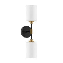 Mid Century 2Light Wall Sconce with Handblown Cylinder Glass Shades, Matte Black and Gold Bathroom Vanity Light Fixture