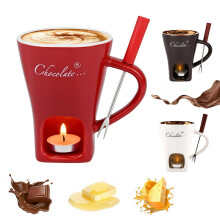 Chocolate Fondue Set Ceramic Tealight Heated Mini Fondue Pot with Forks for Cheese and Candy Red