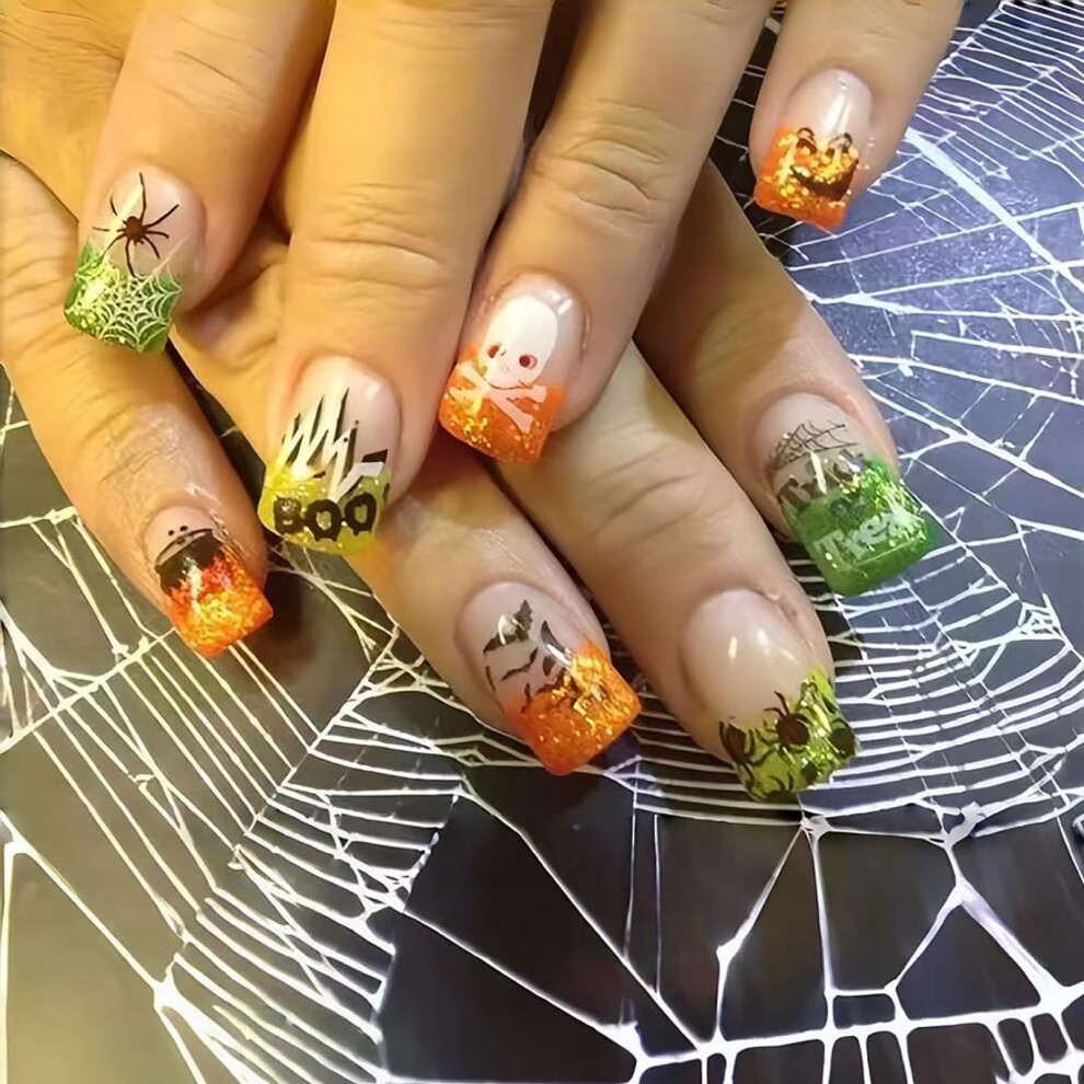 Halloween Press On Nails Short Square Acrylic False Nails Glitter French Tip Reusable Full Cover