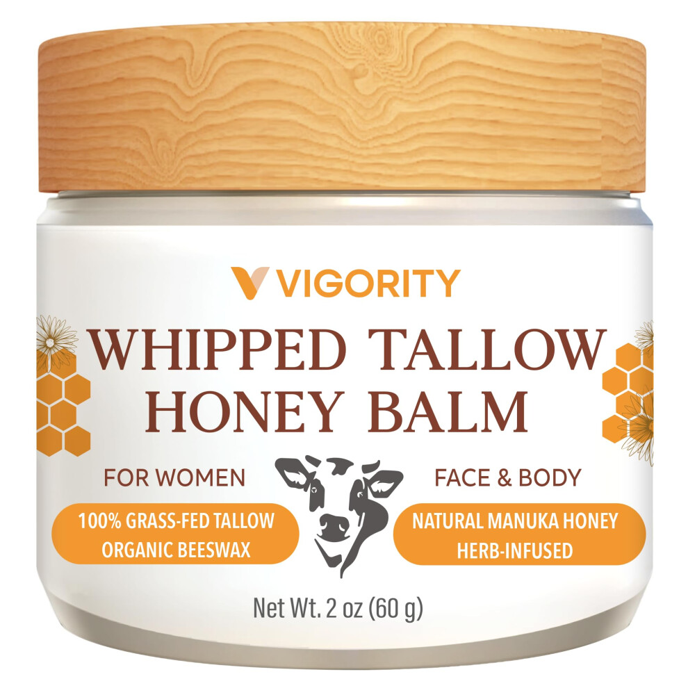Organic Grass Fed Beef Tallow Balm with Manuka Honey for Deep Hydration and Sensitive Skin, 2oz Unscented