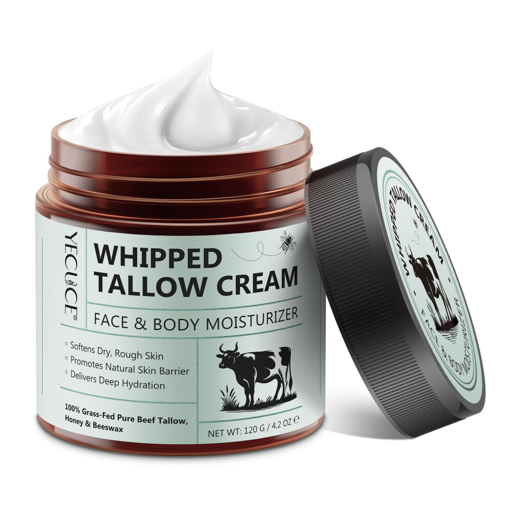 Organic Grass Fed Beef Tallow Balm with Raw Honey, Deep Hydration for Face and Body, 4.2oz