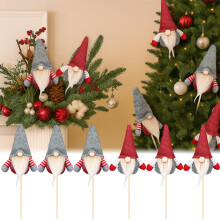 Christmas Gnome Ornaments Set of 6, Large Red and Grey Santa Picks for Christmas Tree Decorations