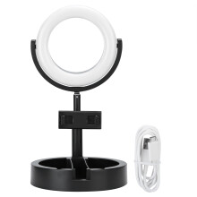 Anillo de luz para selfies con base de almacenamiento, 3 tonos de iluminación, plegable, portátil, ángulo ajustable, luz regulable, soporte