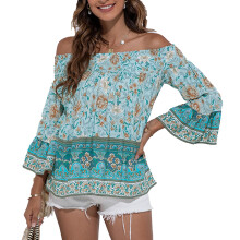 Boho Blouse Top With Stripe Print Bell Sleeve Off Shoulder Design Elegant Blouse Women's Fashionable Long Sleeve Shirt For Casual And Formal Events