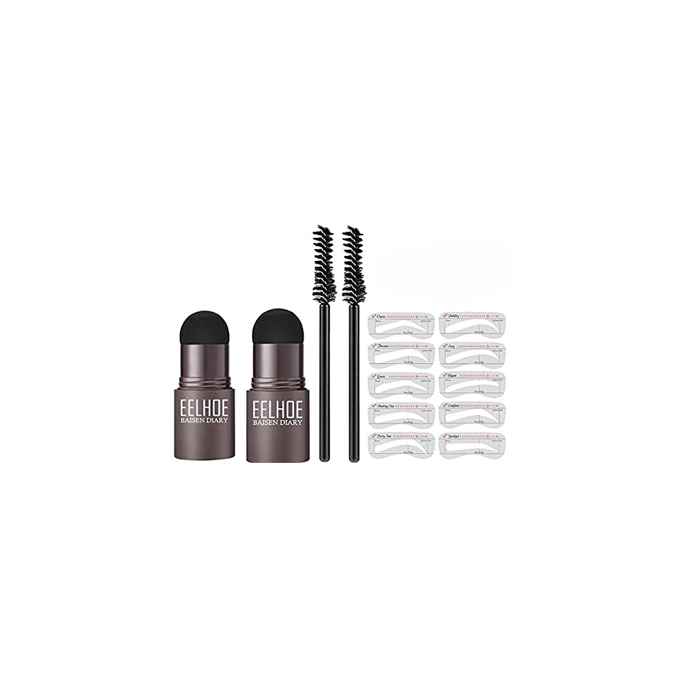 Brown Set Of 2 Eyebrow Stamp Stencil Kit, Waterproof Longlasting Brow Powder With 10Pcs Arch Stencils And Brushes, Medium And Dark