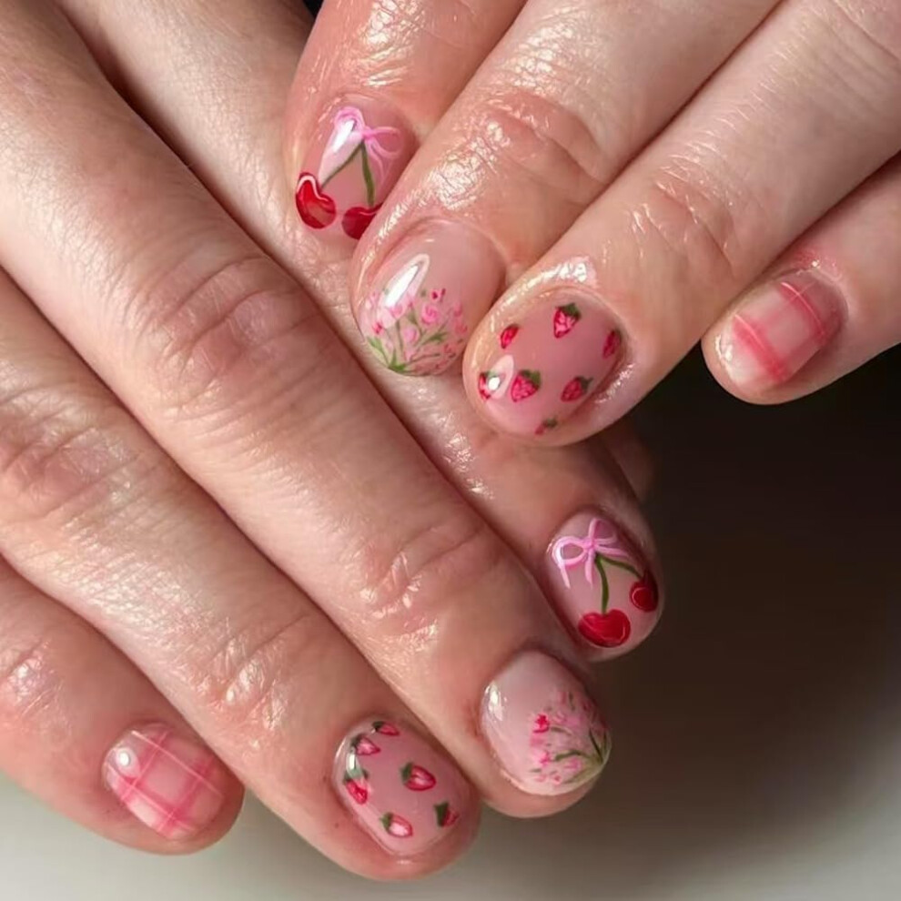 Short Square Press On Nails Strawberry Cherry Design Fake Nails with Glue Reusable 24Pcs for Women