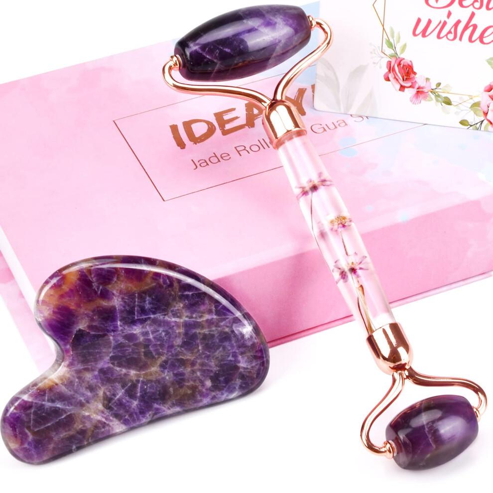 Amethyst Face Roller and Gua Sha Set for Wrinkle Smoothing, Muscle Relaxation and Lymphatic Drainage