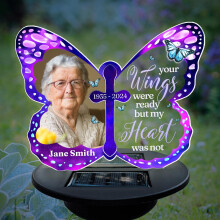 Butterfly Memorial Solar Light with Custom Photo Engraving, Weatherproof Grave Lamp