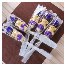Handmade Soap Flower Bouquet with Bear, Purple Artificial Rose Gift for Valentine's Day, 5pcs