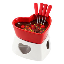Heat Resistant Ceramic Fondue Set with Heart Design Cups and 4 Forks for Chocolate and Butter Parties