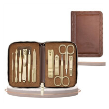 Manicure Pedicure Set 11 Piece Nail Clippers Kit Gold Plated Stainless Steel Grooming Tools in Leather Case for Men and Women