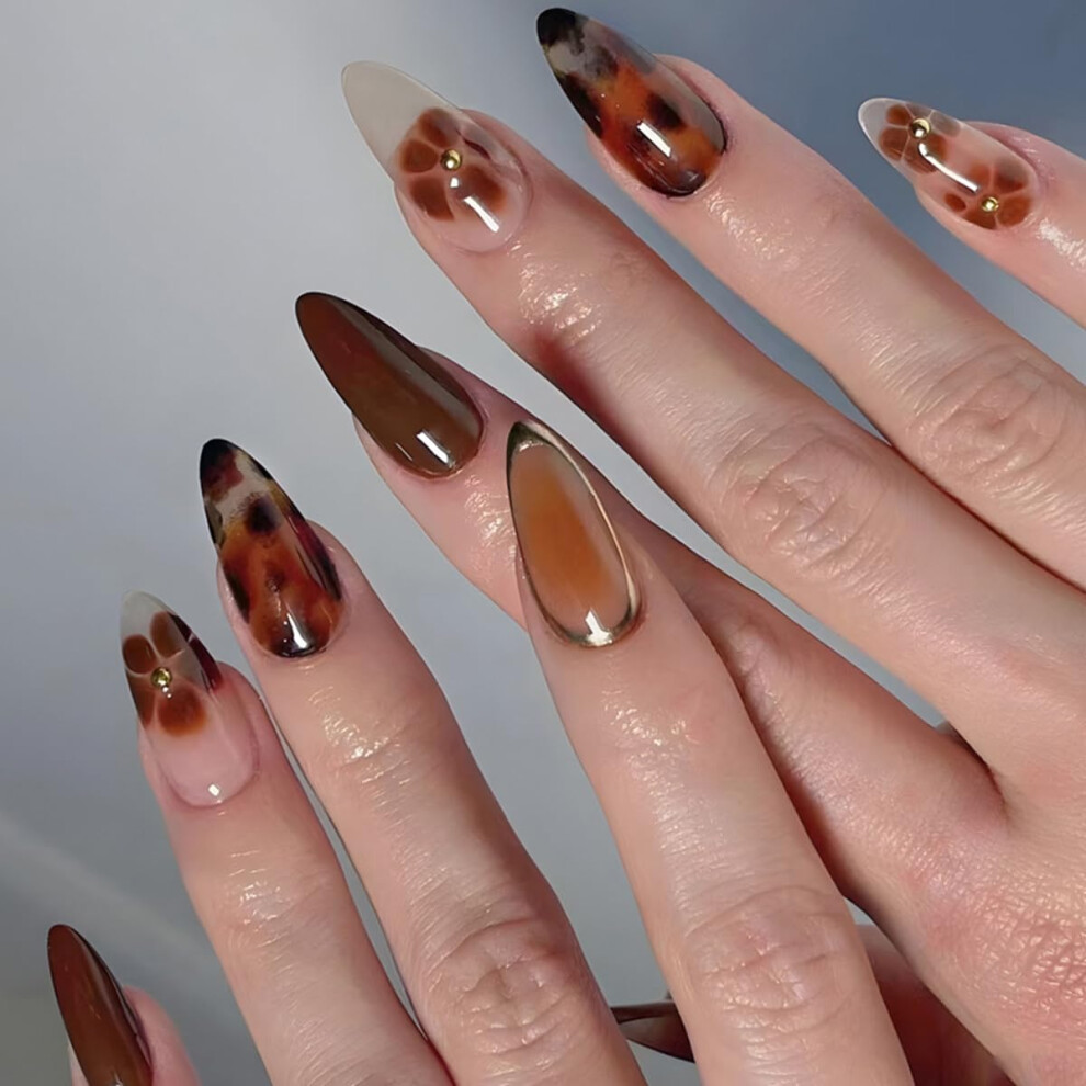 Brown Ombre Press On Nails Short Almond With Rhinestones, 24Pcs Acrylic Nail Kit For Women