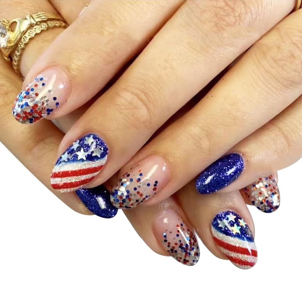 4th of July Press On Nails Short Almond Independence Day Fake Nails with American Flag Glitter Design