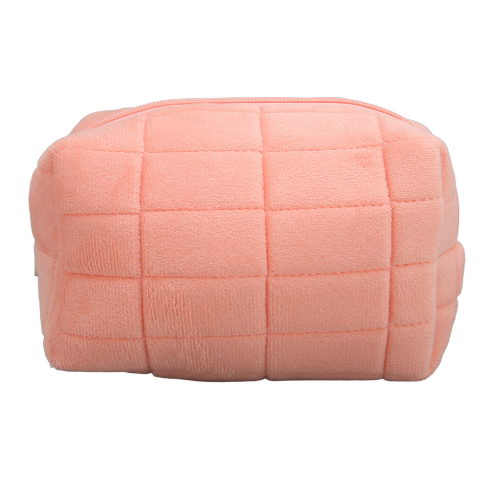 Pink Organizer Bag Y2k Checkered Pattern Zipper Cosmetic Pouch Plush Material Travel Makeup Bag Compact Size For Women Portable Use
