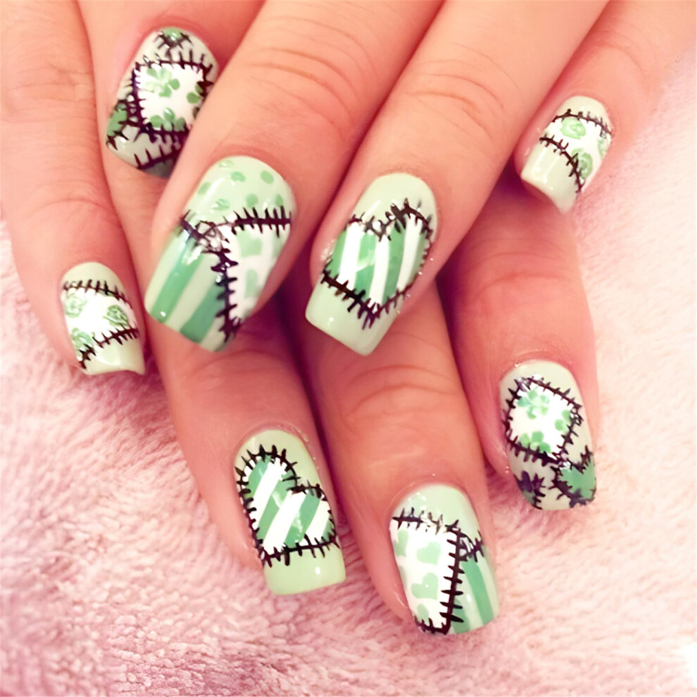Green St. Patrick's Day Press On Nails With Shamrock Design, French Square Fake Nails, Glueon Set