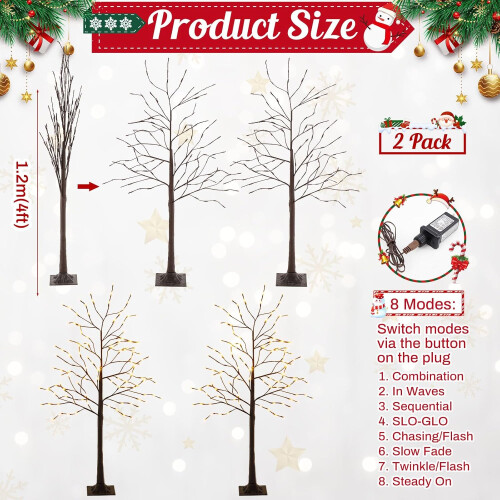2 Pcs 4ft Lighted Birch Tree with 96 LED Warm White Lights, 8 Modes, Timer, Indoor Outdoor Decor 1