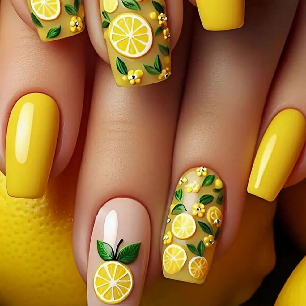 Yellow Long Coffin Press On Nails With Glossy Lemon Design, Reusable Acrylic False Nails 24Pcs