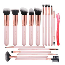 Makeup Brush Set 16 Pcs Pink with Eyebrow Razor, Synthetic Bristles for Full Face