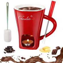Chocolate Fondue Set with Forks, Ceramic Melting Mug for Romantic Date Night or Wedding Gifts, Red
