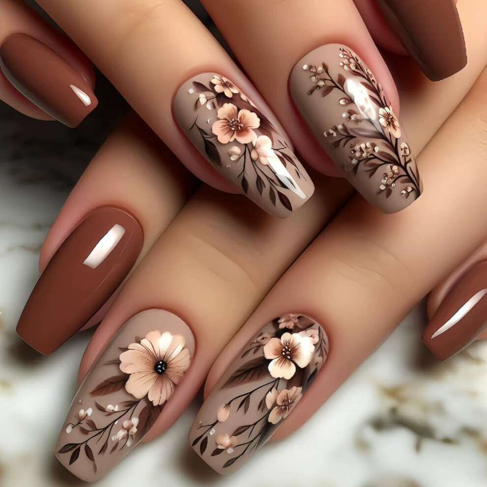 Blue French Tip Press On Nails Coffin Shape Fake Nails with Maple Leaf Design Autumn Style 24Pcs