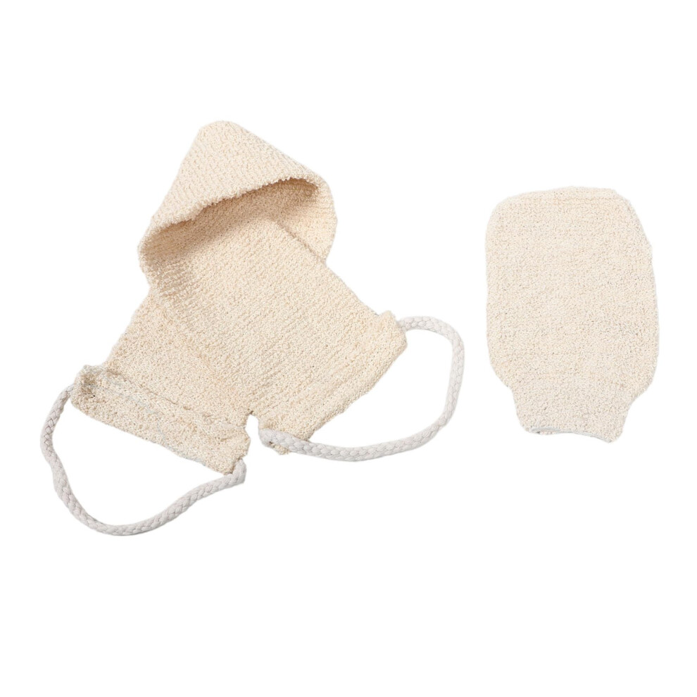 Beige 2Pcs Sisal Body Scrubber Set With Exfoliating Bath Glove And Dualsided Loofah Towel