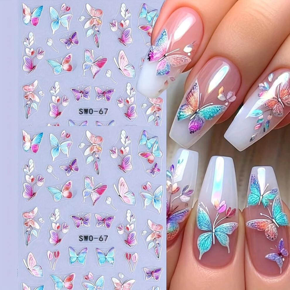 2Pcs 3D Butterfly Nail Art Stickers, SelfAdhesive Multicolor Embossed Decals for DIY Manicure
