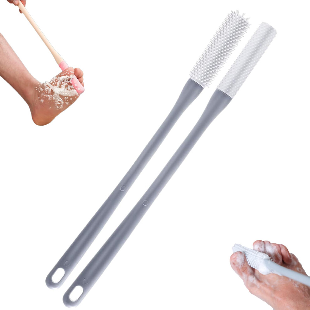 Grey Long Handle Foot Scrubber With Gentle Silicone Bristles For Shower Exfoliation,