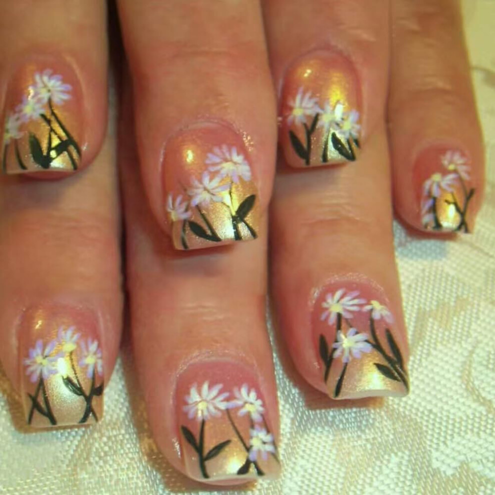 Square Press On Nails with Daisy Design Gold Glitter French Tips Spring Summer Fake Nails 24Pcs