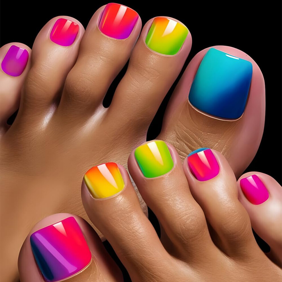 Rainbow Gradient Press On Toenails 24pcs Summer Beach Fake Toe Nails Short Pedicure Kit