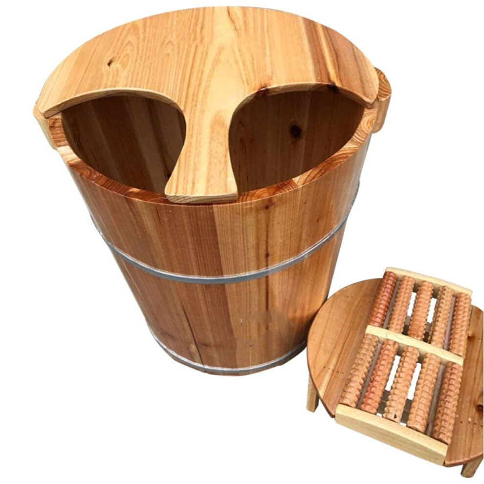 Wooden Foot Bath Tub with Heat Retention Lid, 40cm Deep Fir Wood Soaking Barrel for Home Spa