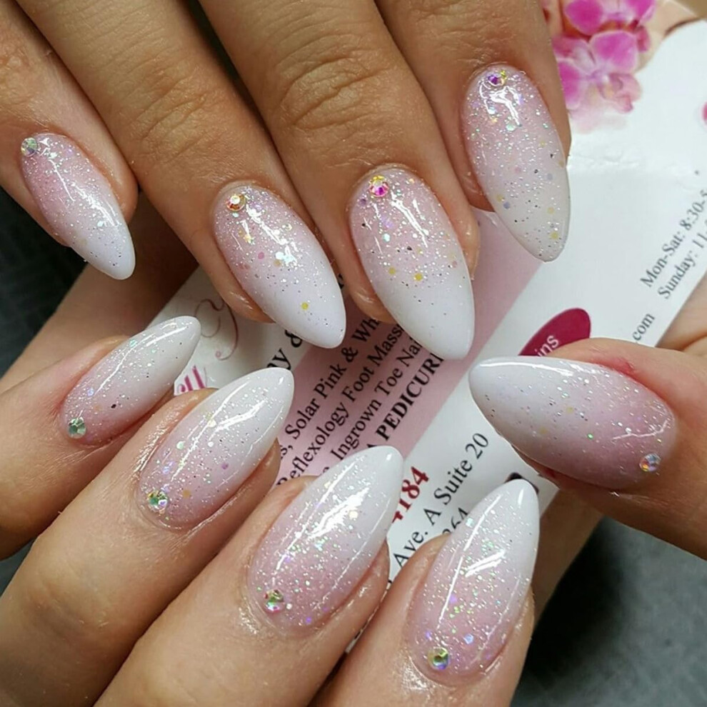 White Ombre Press On Nails Short Almond Fake Nails With Rhinestones Glossy Reusable Acrylic Set