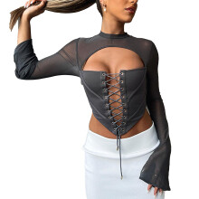 Vintage Design Gothic Crop Top For Women, Sheer Mesh Long Sleeve Open Front Blouse With Lace Trim Lightweight Backless Top For Versatile Wear