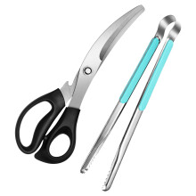 Kitchen Scissors and BBQ Tongs Set, Stainless Steel 2 in 1 Korean Barbecue Tools for Meat and Vegetables