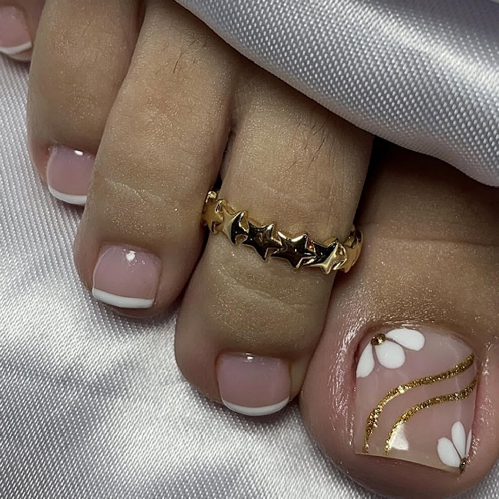 White French Tip Press On Toenails Floral Glitter Fake Toenails for Women Short Square 24pcs