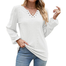 Bluze brodată din dantelă pentru femei, la modă, topuri, mâneci lungi, decolteu în V, cămăși elegante casual pentru femei, cu detalii goale