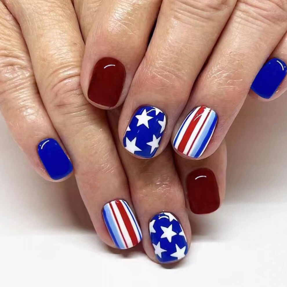 Blue,Red Red And Blue Press On Nails Extra Short Square Fake Nails Fourth Of July Nail Art 24Pcs