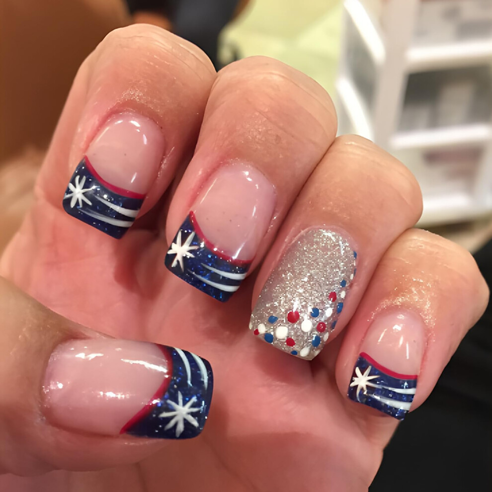 Independence Day Press On Nails Short Square Stars and Stripes Glitter Patriotic Fake Nails Set