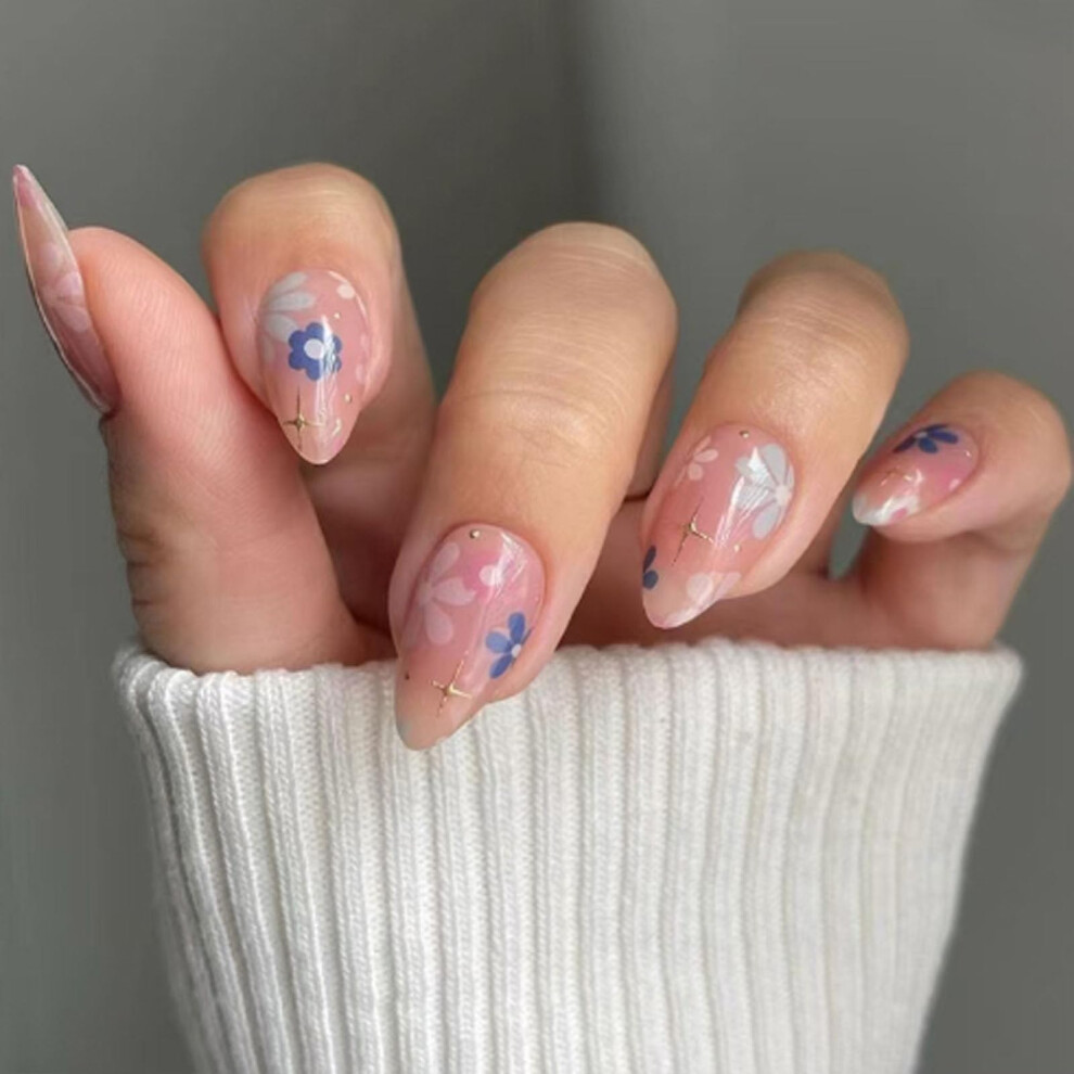 Cream Short Almond Press On Nails With Flower Designs Nude Glossy Glue On Nails For Women 24Pcs
